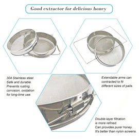 Honey Strainer for 5 Gallon Bucket Stainless Steel Double Sieve Honey Filter Strainer for Clean Honey with Up to 16.5 inches Extendable Arms