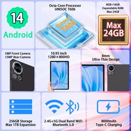 SKYEGG Tablet 11 inch Android 14 Tablets, 24GB+256GB+1TB Expand, Widevine L1 Compatible 8-Core Tablet PC with 5G WiFi, 8000mAh Big Battery, 13MP Camera, 11'' IPS HD Touchscreen, Face ID, GPS(Grey)