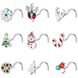 BodyAce 20G Christmas Nose Rings, Stainless Steel Nose Studs l Shaped Nostril Ring, Corkscrew Nose Piercing Christmas Jewellery for Women Men [A:Screw]