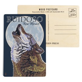 Ruidoso, New Mexico, Wolf Howling at Moon (4x6 Birch Wood Postcards, 2-Pack Stationary, Rustic Home Wall Decor)