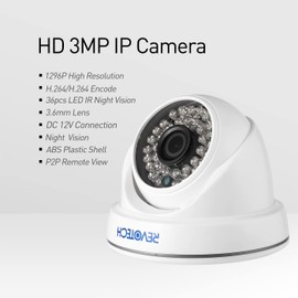 Revotech Indoor Security IP Camera, HD 3MP Dome Security Camera IR Night Vision 3.6mm Lens P2P Remote View CCTV Video Cam H.265/H.264(I3012 White)