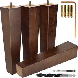 Brown Square Furniture Legs - Furniture Feet for Couch, Chair, Sofa, Dresser, Bed, Cabinet, Ottoman - Easy to Install Wood Legs With Included Installation Hardware and Instructions-Set of 4, 12 Inches