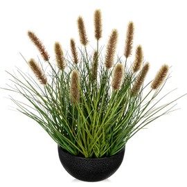 Artificial Plants Indoor with Pot, 17.3" Fake Potted Plants Artificial Onion Grass Plant with Brown Dog Tail Grass Small Faux Plant Indoor for Home Living Room Table Shelf Decor