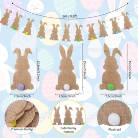 Whaline Easter Bunny Felt Banner with String 11 Pcs Colorful Tail Bunting Garland Pre-Assembled Spring Rabbit Hanging Decoration for Home Backdrop Decor Party Supplies
