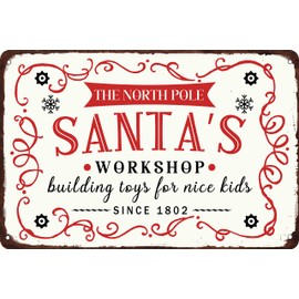 The North Pole Santa's Work Shop Metal Sign Vintage Christmas Tin Signs Christmas Decoration Santa Wall Decor For Home Kitchen Cafe 8x12 Inch