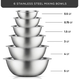 JoyJolt Stainless Steel Mixing Bowl Set of 6 Bowls. 5qt Large to 0.5qt Small Metal Bowl. Kitchen, Cooking and Storage Nesting Dough, Batter Baking Bowls
