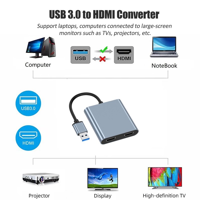 USB 3.0 to Dual Hdmi Adapter for 2 Monitors 1080p