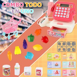 HomeChi Juego de Caja Registradora de 29 Piezas, Juegos Eléctricos de Simulación de Supermercado, Incluye Calculadora, Juego de Comida, Moneda, Carrito de la Compra y Más para Regalos de Niñas y Niños
