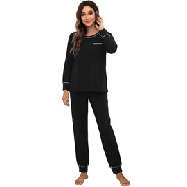 WiWi Bamboo Viscose Womens Pajamas Set Comfy Sleepwear 2 Piece Long SleeveTop with Jogger Pants Lounge Sets S-XXL Black, XX-Large
