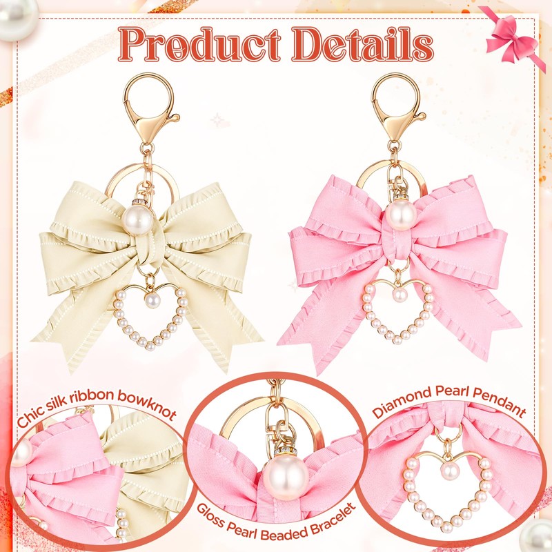 Neptniopllab 2PCS Bow Keychain Beige+Pink Ruffle Bow Keychain Heart Pearl
