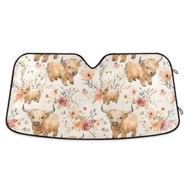 Cute Highland Cows Flowers Windshield Sun Shade for Car Auto SUV Truck Foldable Front Window Sunshade Sun Visor Protector Block UV Rays Reflect Heat, 55" x 28"