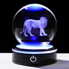 YWHL 3D Crystal Ball Lion Figurine with LED Base, Lion Gifts for Men Women Lion Lovers on Christmas Birthday, Lion Ornament Glass Sphere Decorative Ball for Home Decor (80mm)