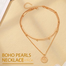 Reaky Boho Layered Necklaces Gold Coin Choker Necklace 3 Pcs Simple Necklace for Women (B)