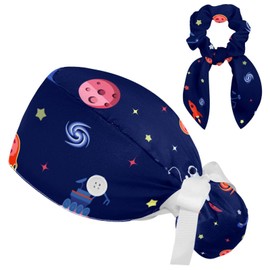 Working Cap Nurse & Bowknot Scrunchie Set, Surgery Nuese Cap, Space Planet Tie Back Hats with Sweatband for Women