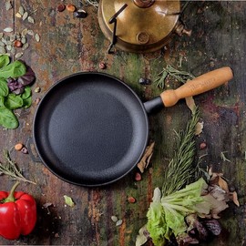 stpgoods Crepe Pan Cast Iron Pancake Pan with Wooden Handle 9.5 x 0.8 Cooking Pan for Omelette Dosa Pan, Induction Safe