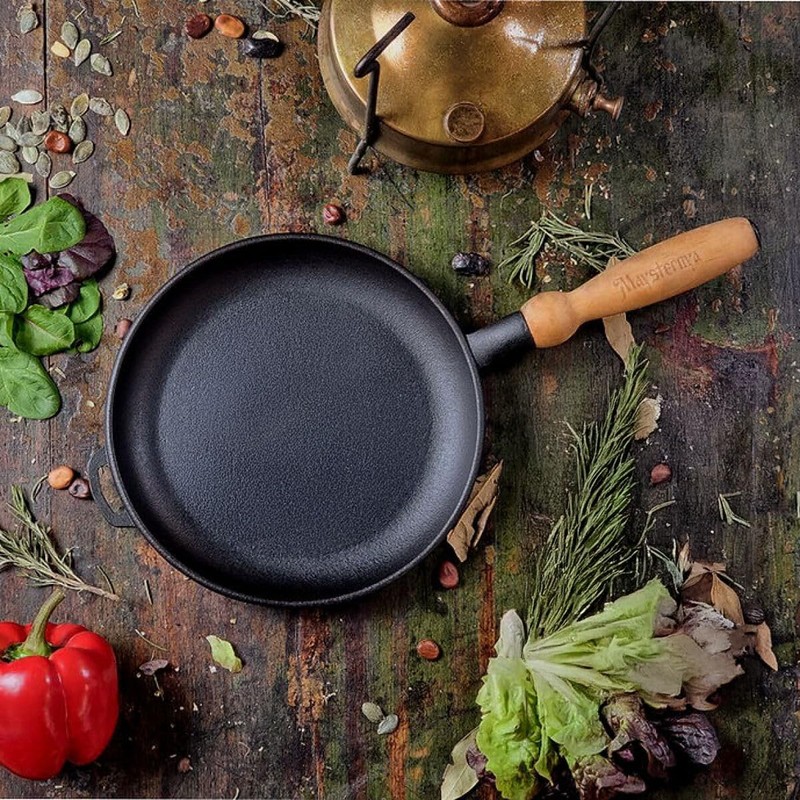 stpgoods Crepe Pan Cast Iron Pancake Pan with Wooden Handle