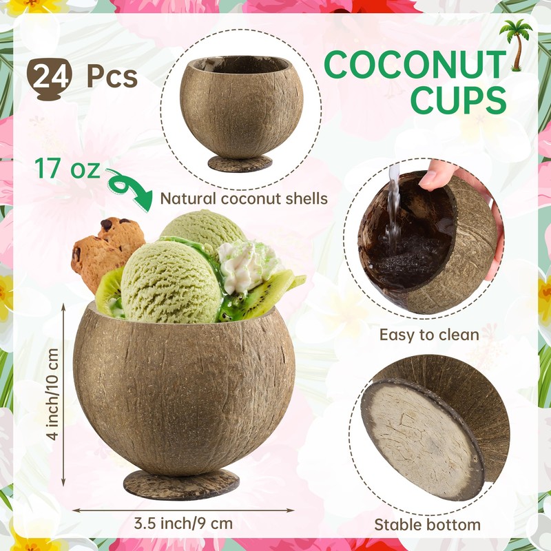 24 Set Coconut Cups, 17 Oz Natural Coconut Shell Cups,