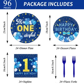 Tevxj 96PCS Mr Onederful 1st Birthday Tableware Set First Birthday Dinnerware Disposable Plates Birthday Theme Party Plates Napkins Forks for Baby Boy 1st Birthday Party Decorations Supplies 24 guests