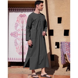YAOHUOLE Men's Kaftan V-Neck Long Sleeve Kaftan Men's Long Button High Thobe Men's Side Split Cotton with Pockets, 01 Dark Grey, m