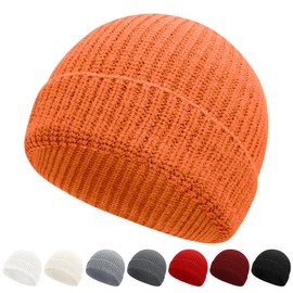NPQQUAN Fisherman Beanies for Men Women Short Cuff Knit Beanie Winter Warm Hats Cap Orange