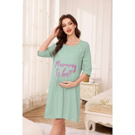 Vlazom Women 3 in 1 Cotton Nursing/Delivery/Labor/Maternity Nightgown Half Sleeve Breastfeeding Sleep Dress Hospital Gown Sleepwear with Buttons Light Green,L