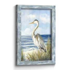 Coastal Sea Bird Wall Art: Framed Blue Ocean Scene Picture Heron on Beach Wooden Painting Artwork Modern Bedroom Bathroom Living Room Wall Decoration Home Office Decor 24”x16”