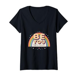 Womens 80s Retro Rainbow Be You They'll Adjust Pride Art V-Neck T-Shirt