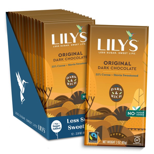 Original Dark Chocolate Bar by Lily's | Stevia Sweetened, No Added Sugar, Low-Carb, Keto Friendly | 55% Cocoa | Fair Trade, Gluten-Free & Non-GMO | 3 ounce, 12-Pack