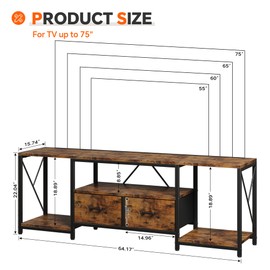 Homeiju TV Stand for TVs up to 75 Inch, Entertainment Center with Fabric Drawers, TV Media Console Table with Open Storage Shelves for Living Room, Bedroom, Rustic Brown