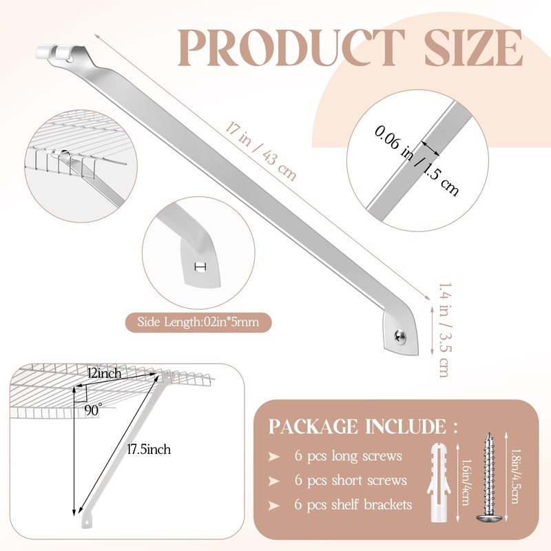 Innconee 6 Pcs 12 Inch Support Brackets for Wire Shelving