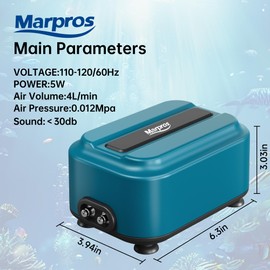 Aquarium Air Pump,Marpros Adjustable air Bubbler for Fish Tank,Stable and Durable Double Outlet Aerator with Accessories