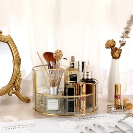 Hipiwe 360 Rotating Makeup Organizer 3-Slot Gold Glass Spinning Cosmetic Display Case Round Vanity Storage Holder Dresser Bathroom Organizer for Prefume Makeup Bushes Lipsticks