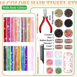 Hair Tinsel Kit With Body Glitter 18 Colors 48 Inch 9000 Strands Glitter Tinsel Hair Extensions With Tools Fairy Hair Accessories, Suitable for Festivals and Daily Use (18 Colors Hair Tinsel Kit)
