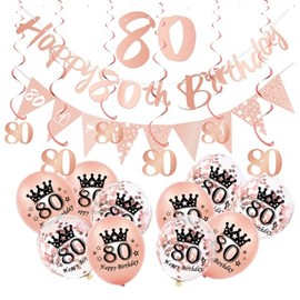 18Pcs Rose Gold 80th Birthday Decorations for Her,Women,80th Birthday Banner Triangle Flag Bunting Rose Gold Foil 80 Hanging Swirls,80th Birthday Balloons for Women Birthday Party Decoration Pack