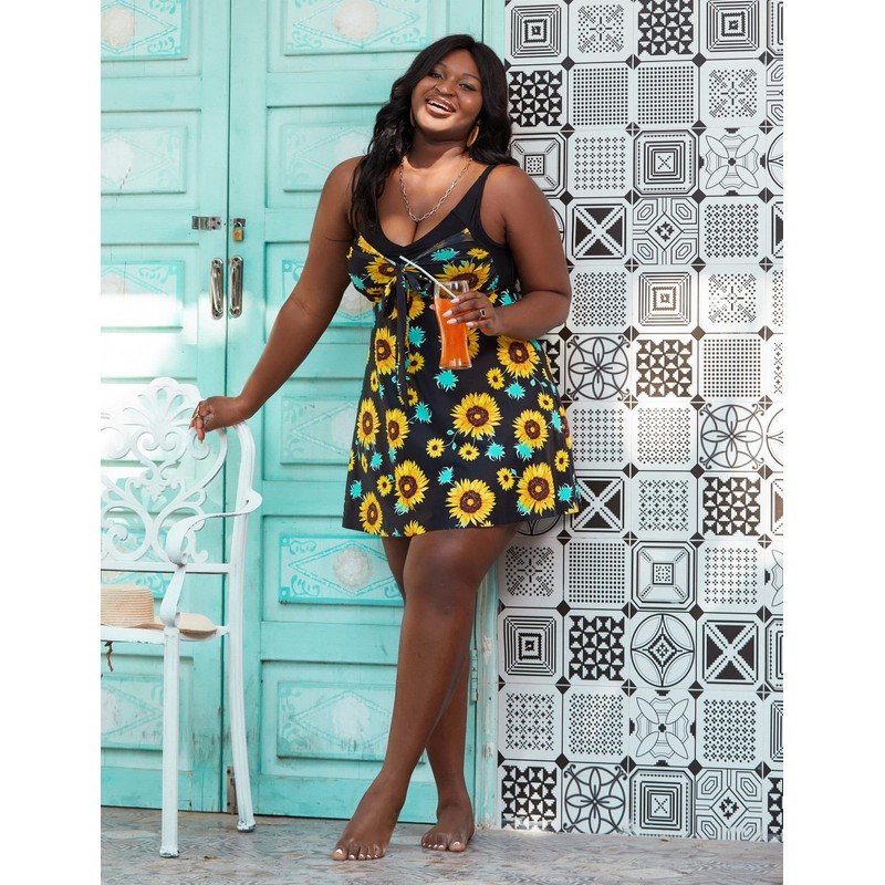 Hanna Nikole Women Two Piece Plus Size Sunflower Tankini Swimsuit