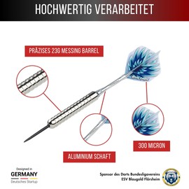 Champify Brass Darts Set "Blue Eagle" - 3 Darts with 23 g Barrel & Steel Tip | Includes 6 Aluminium Shafts, Flights & Accessories | Precise Steel Darts for Beginners & Professionals | Darts Set