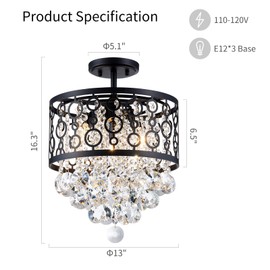 WUZUPS Crystal Drum Chandelier Flushmount Ceiling Light Modern Lighting Fixture for Entry Hallway Kitchen Bathroom Bedroom, H 16.3'' x W 13'', E12 Base, Black