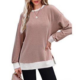 OFEEFAN Womens Long Sleeve Tops Cute Crewneck Sweatshirt Colorblock Tops for Women Fall Clothes Pink L