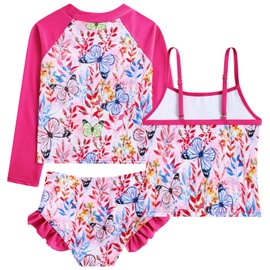 Funnycokid Little Girl Swimsuit Size 5 6 Long Sleeve 3 Pieces Rash Guard Tankini Bathing Suit Cute Butterflies Swimwear Ruffle UPF50+ Kids Bikini