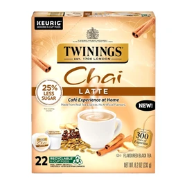 Twinings Chai Latte Black Tea K-Cup Pods for Keurig, 22 Count (Pack of 1), Creamy, Slightly Sweet, Less Sugar, Caffeinated, Enjoy Hot or Iced