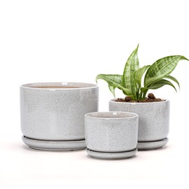 Ton Sin Plant Pots, 4.1+5.1+6.5 inch, Set of 3, Ceramic Planters with Drainage Hole and Saucer, Indoor Flower Pot with Hole Mesh Pad, Gifts for Mom(Reactive Glaze White)