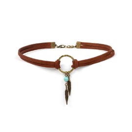 Lzz Suede Women's Necklace Native American Bohemian Feather Turquoise Beads Glamour Handmade Leather Short Necklace Adjustable Brown Leather Necklace