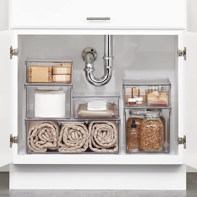 mDesign Plastic Stackable Bathroom Storage with Pull Out Bin Organizer