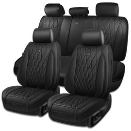 CAR PASS Premium Leather Seat Covers Full Set, Waterproof PU Car Seat Covers 5 Seats Universal Vehicles Seat Cover Fit for SUV Sedans Trucks, Airbag Compatible Solid Black
