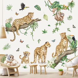 wondever Safari Jungle Animal Leopard Wall Stickers Cheetah Tree Branch Sloth Tropical Leaves Peel and Stick Wall Art Decals for Baby Nursery Kids Bedroom Living Room