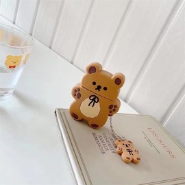 Yatchen Cute AirPod Pro Case,Kawaii 3D Cartoon Teddy Bear Soft Silicone Protective Cover with Keychain Carabiner Clip Shockproof Charging Case Compatiable with AirPods Pro for Girls Women Khaki