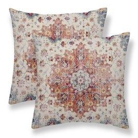 Sunshineyan Boho Pillow Covers 24x24 Set of 2, Blue Orange Bohemian Carpet Pattern Outdoor Decorative Throw Pillows Linen Ethnic Design Vintage Farmhouse Cushion Cases for Couch Sofa Decor