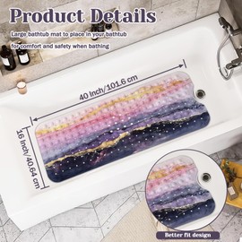 Marble Bath Tub Mat Non Slip, Pink Non Slip Bath Mat for Shower, Large Washable Shower mats for Showers with Drain Holes and Suction Cups,40 X 16 Inch(Pink Gold Marble)