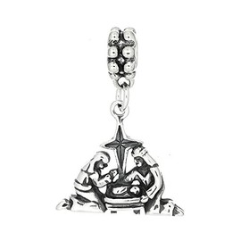 LGU Sterling Silver Oxidized Detailed Nativity Manger Scene Dangle Bead Charm