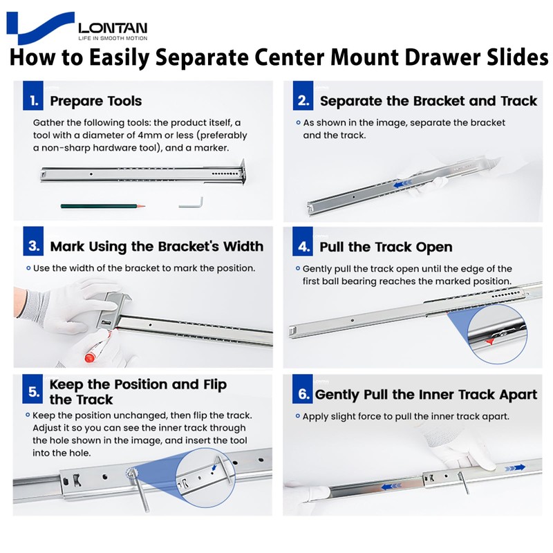LONTAN 2 Pcs Center Mount Drawer Slides Bottom Mount for